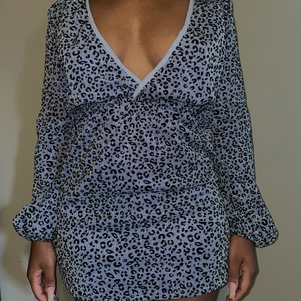 PLT long sleeve sparkly leopard print mini dress